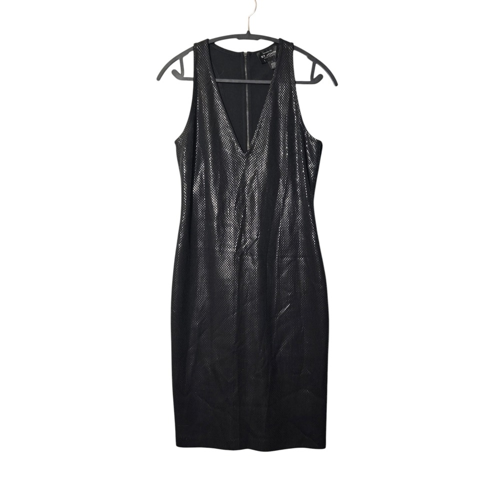 St. John Black Silver Metallic Wool Knit Sheath Cocktail Dress 4 Old Money Glam